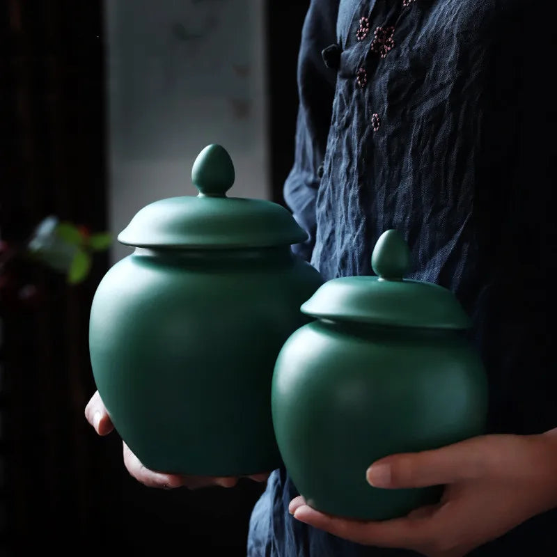 Afralia™ Green Ceramic Tea Caddy Jar: Airtight Porcelain Storage Container, Kitchen Decoration Bottle