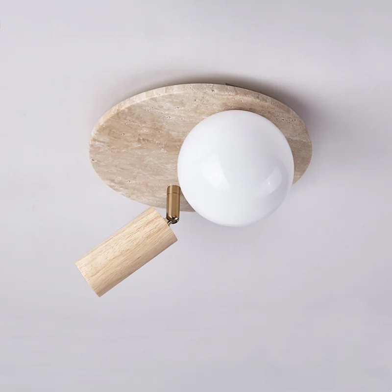 Afralia™ LED Rotatable Ceiling Lamp White Glass Yellow Travertine Wood Nordic Modern