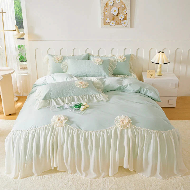 Afralia™ Princess Style Cotton Bedding Set with Flowers, Lace Ruffles, and Quilted Details