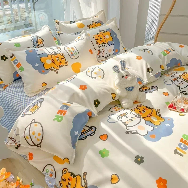 Afralia™ Cartoon Print Polyester Bedding Set Full Size Soft Duvet Cover Set
