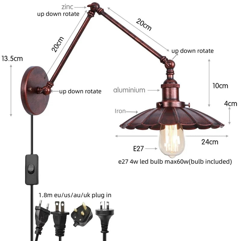 Afralia™ Gold Industrial LED Wall Lamp with Pull Chain Switch for Home Decor