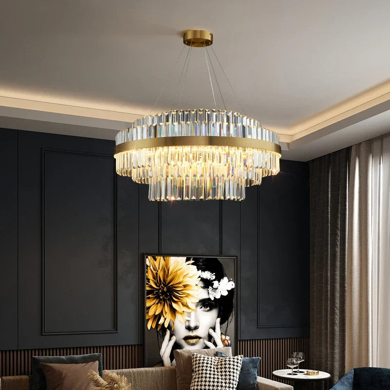 Afralia™ Gold Metal Round Dimmable LED Pendant Light with K9 Crystals