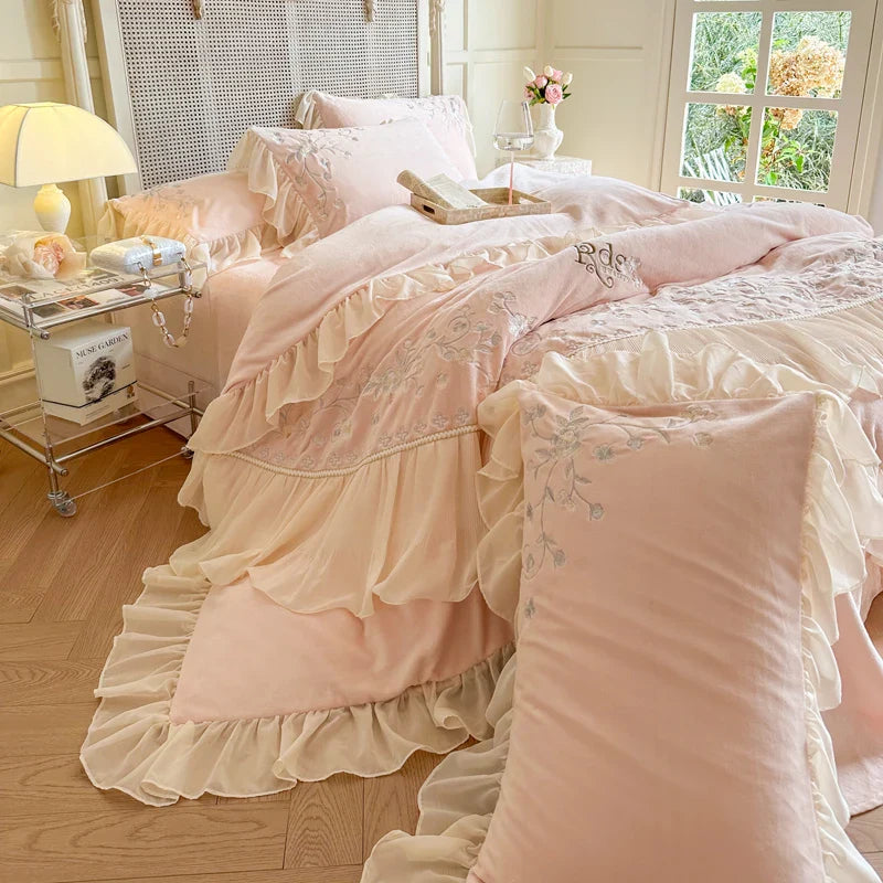 Afralia™ Pink Lace Ruffles Bedding Set, Velvet Duvet Cover, Soft Sheets & Pillowcases