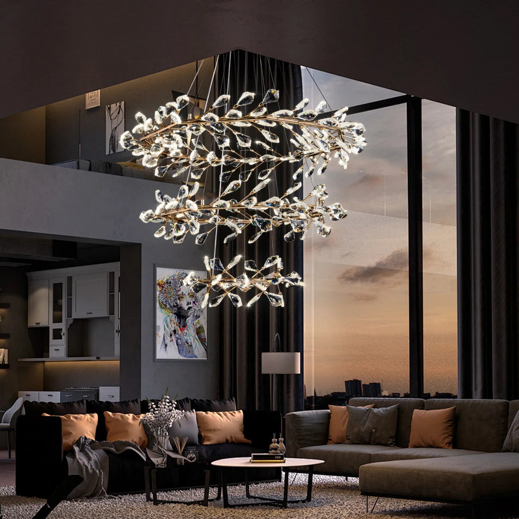 Afralia™ Modern Leaf Crystal Chandelier Ring - Luxury K9 Crystal Pendant Chandelier for Living Room