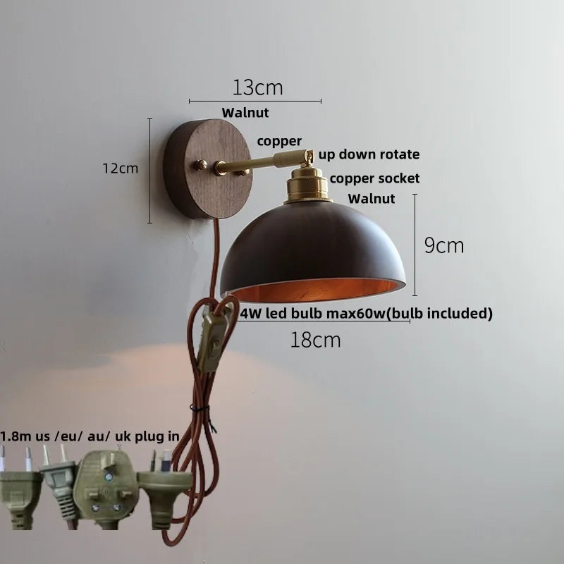Afralia™ Walnut Wood LED Wall Sconce with Pull Chain Switch - Modern Nordic Copper Socket