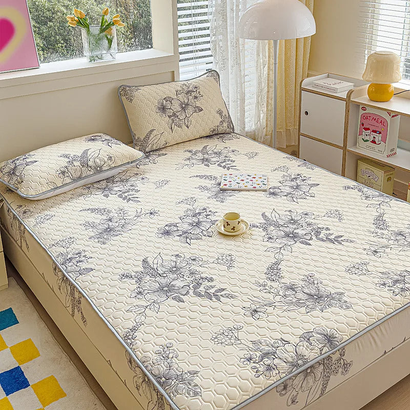 Afralia™ Cool Silk Latex Fitted Sheet Set with Pillowcases, Summer Ice Silk, Single Double Bed