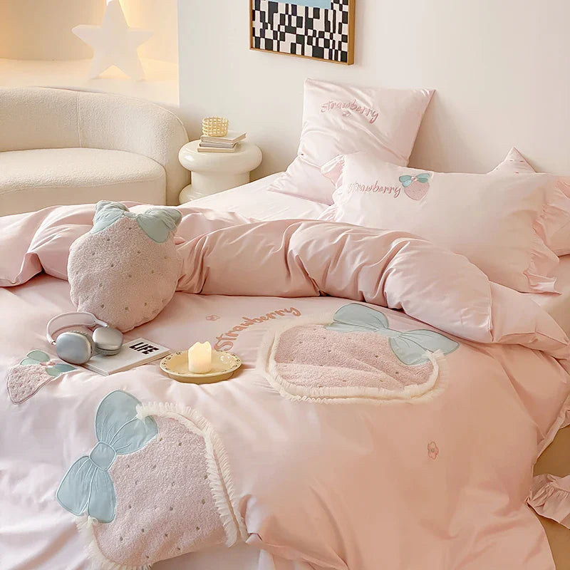 Afralia™ Pink Strawberry Embroidery Girl Bedding Set 1000TC Egyptian Cotton