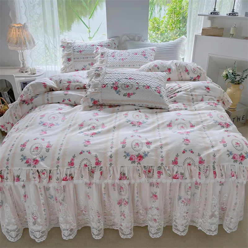 Afralia™ French Floral Print Bedding Set: Duvet Cover, Lace Ruffles, Quilted Embroidery, Pillowcases
