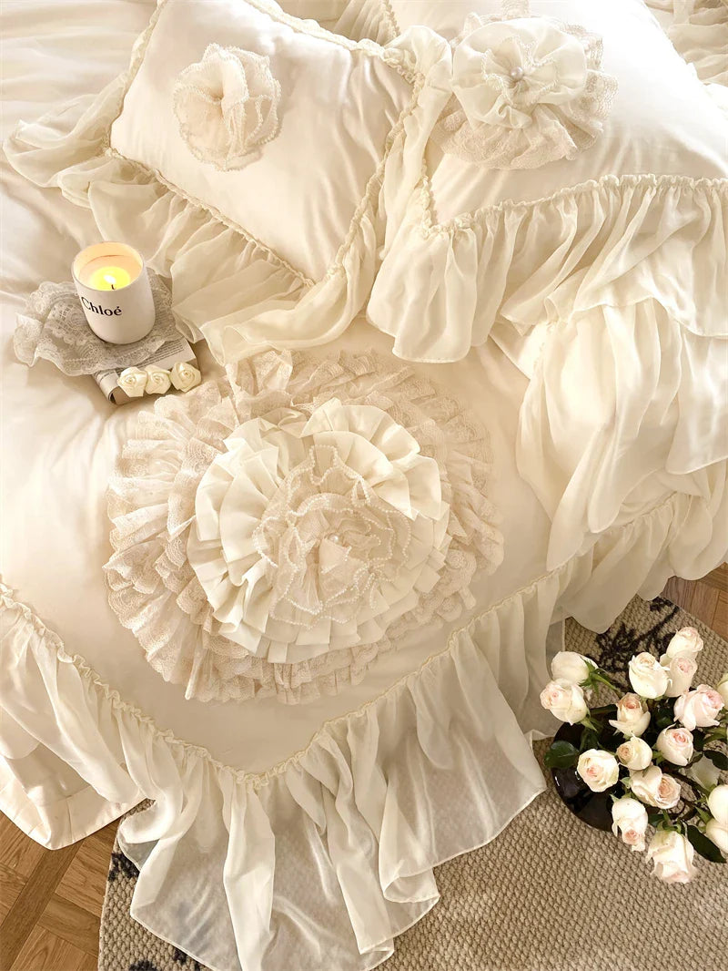 Afralia™ Luxury Wedding Embroidered Bedding Set with Handmade Flowers and Lace Edge