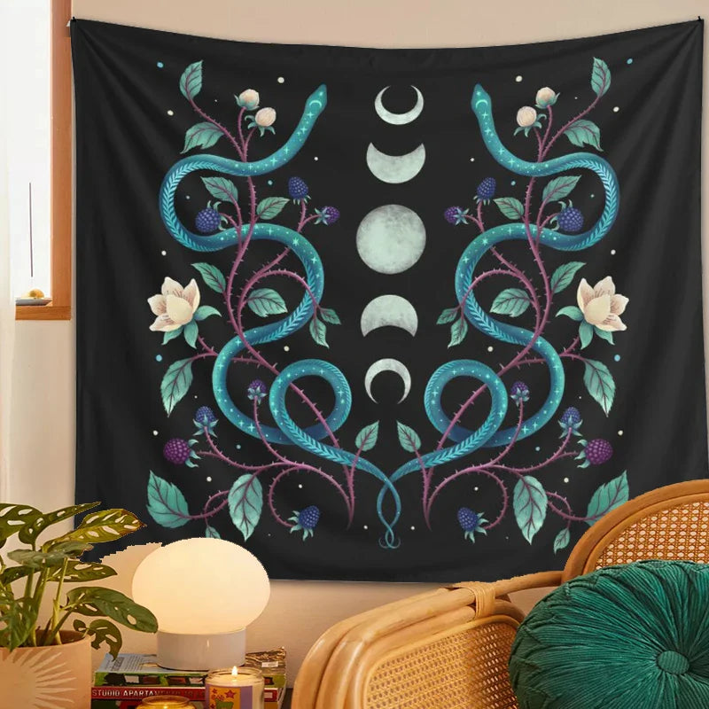 Afralia™ Serpent Moon Phase Tapestry: Aesthetic Psychedelic Wall Hanging for Home Decor