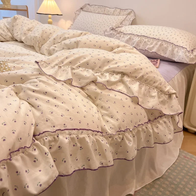 Afralia™ Lace Bedding Set: Printed Design, Single Queen Size, Cozy Quilt Cover, Fitted Sheet, 2 Pillowcases