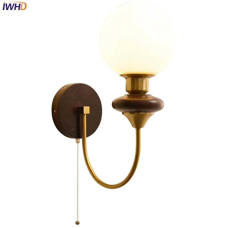 Afralia™ Wood Glass LED Wall Sconce Pull Chain Switch Bathroom Vanity Light