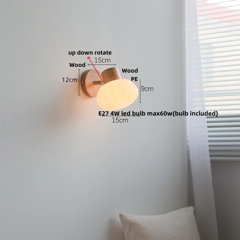 Afralia™ Amber Glass LED Wall Sconce Nordic Modern Wood Pull Chain Switch Stair Light