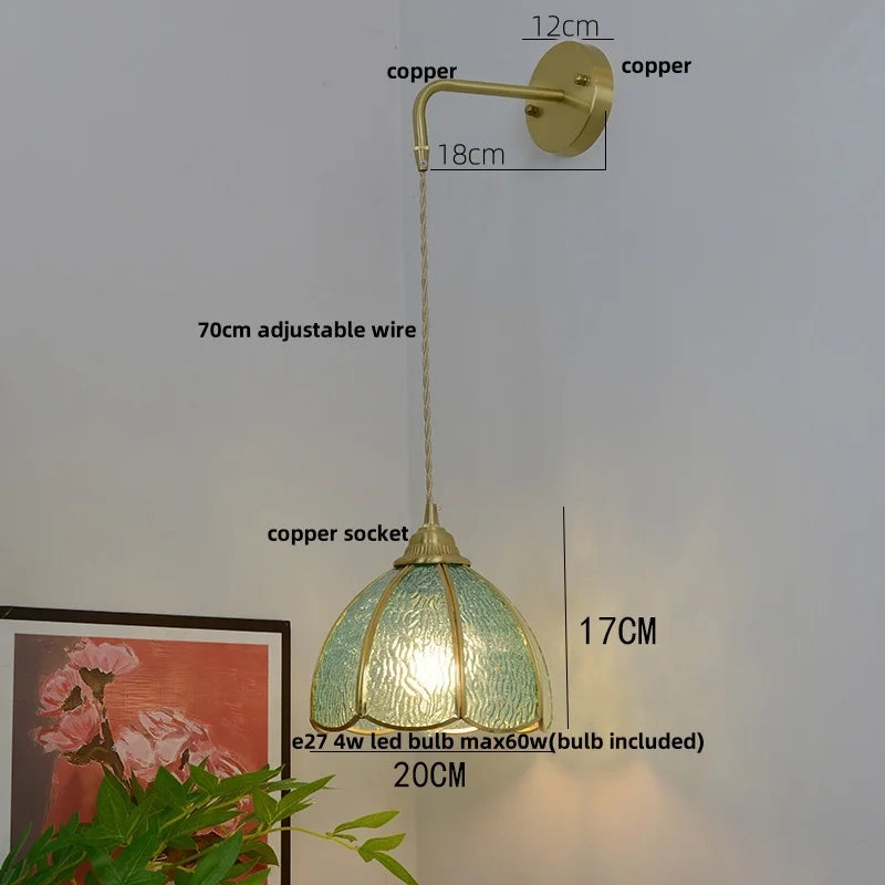 Afralia™ Glass Brass LED Wall Sconce Pull Chain Switch Vintage Vanity Light