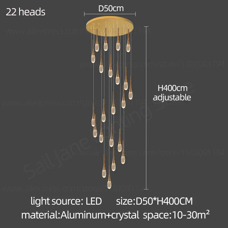 Afralia™ Crystal Staircase Chandelier LED Living Room Modern Indoor Ceiling Lamp