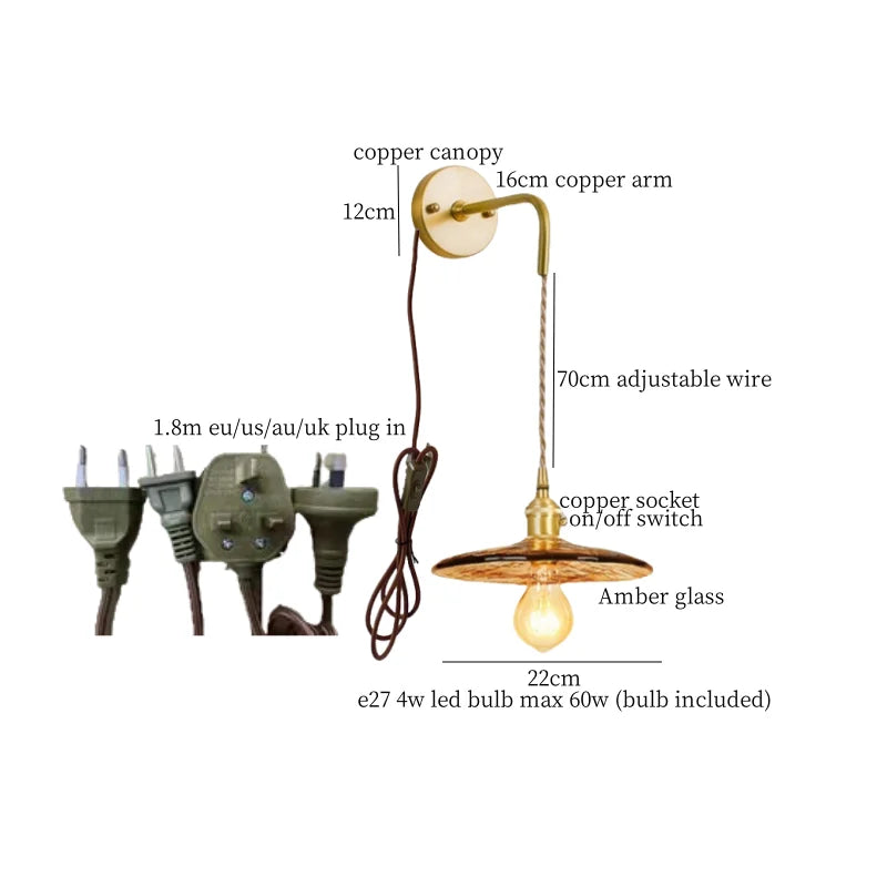 Afralia™ Glass LED Wall Sconce Bedroom Loft Bathroom Stair Light Pull Chain Copper