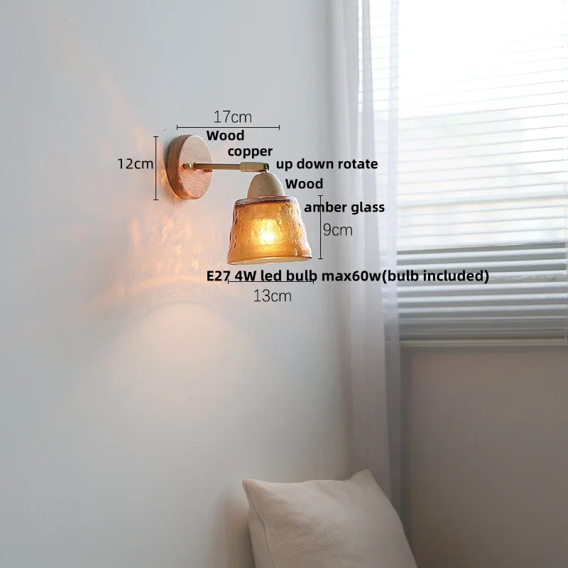Afralia™ Wood Canopy LED Wall Lights Pull Chain Switch Amber Glass Modern Bedside Sconce