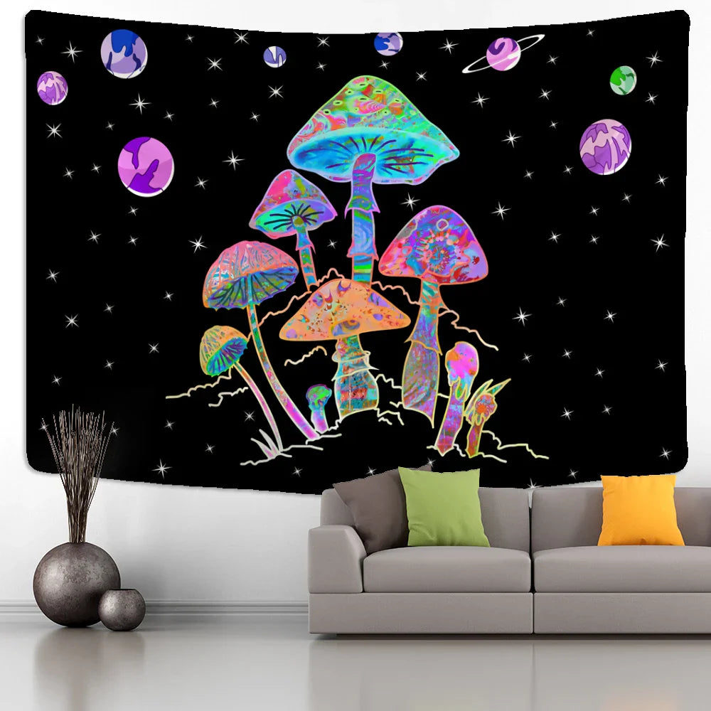 Afralia™ Cartoon Planet Mushroom Tapestry Wall Hanging for Psychedelic Room Decor