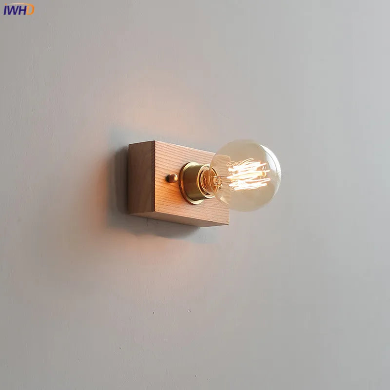 Afralia™ Square Walnut Wood LED Wall Light with Pull Chain Switch for Bedroom and Living Room