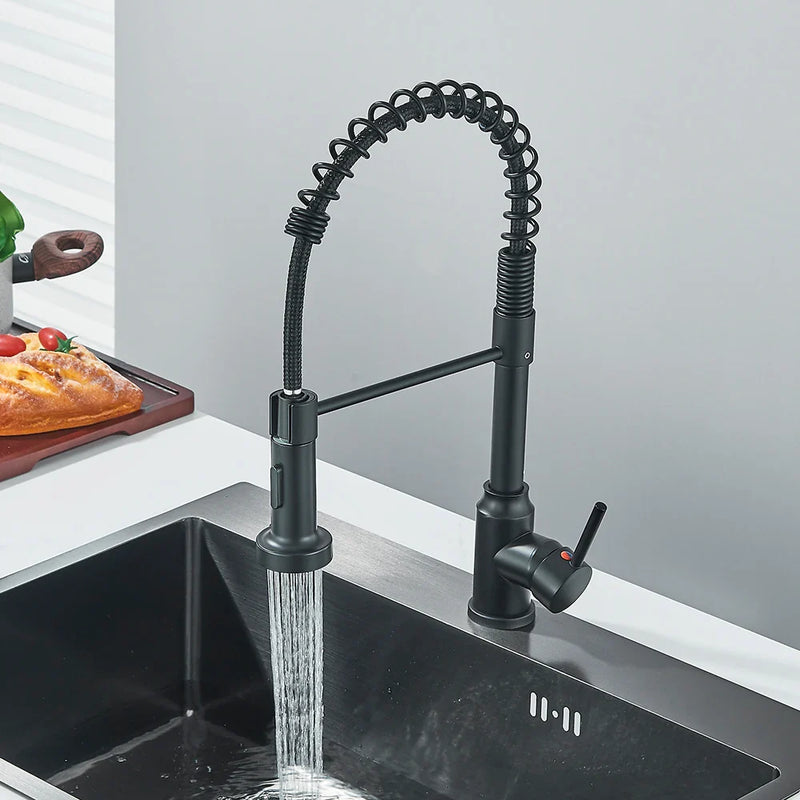 Afralia™ Matte Black Kitchen Faucet Single Handle Spring Hot Cold Water Tap Deck Mounted