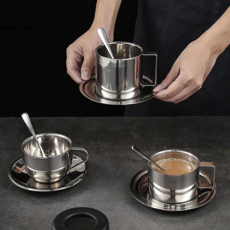 Afralia™ Stainless Steel Double Wall Insulated Coffee Cups Set with Tray and Spoon