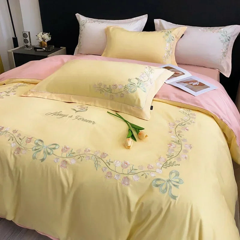Afralia™ Flower Embroidery Cotton Duvet Cover Set, Queen/King Size Bedding Set with Sheets