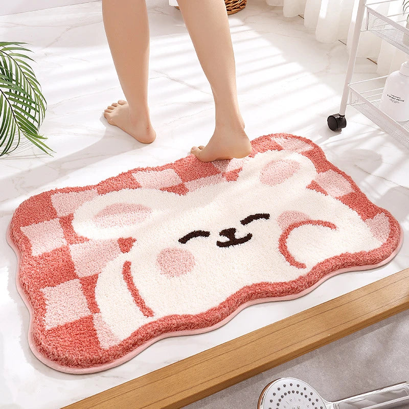 Afralia™ Cartoon Puppy Flocked Bathroom Rug Thicken Super Absorbent Water Bath Rugs