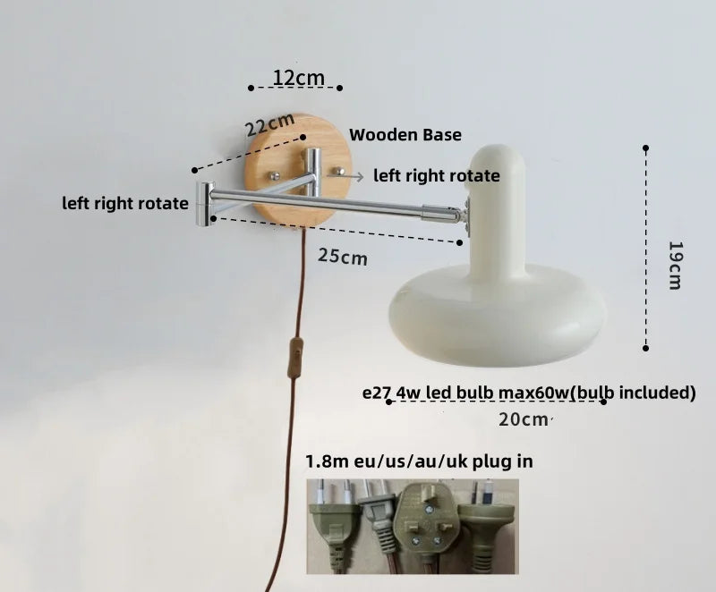 Afralia™ Rotating LED Wall Sconce with Pull Chain Switch, Wood Base Bedside Lamp