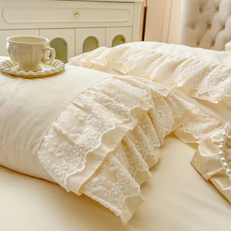 Afralia™ Princess Style Lace Ruffles Bedding Set with Pillowcase 4Pcs