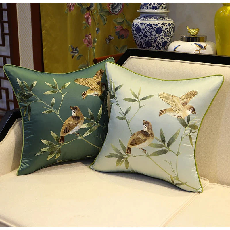 Afralia™ Birds Branches Embroidered Pillow Covers - Chinoiserie Style Chic Interiors