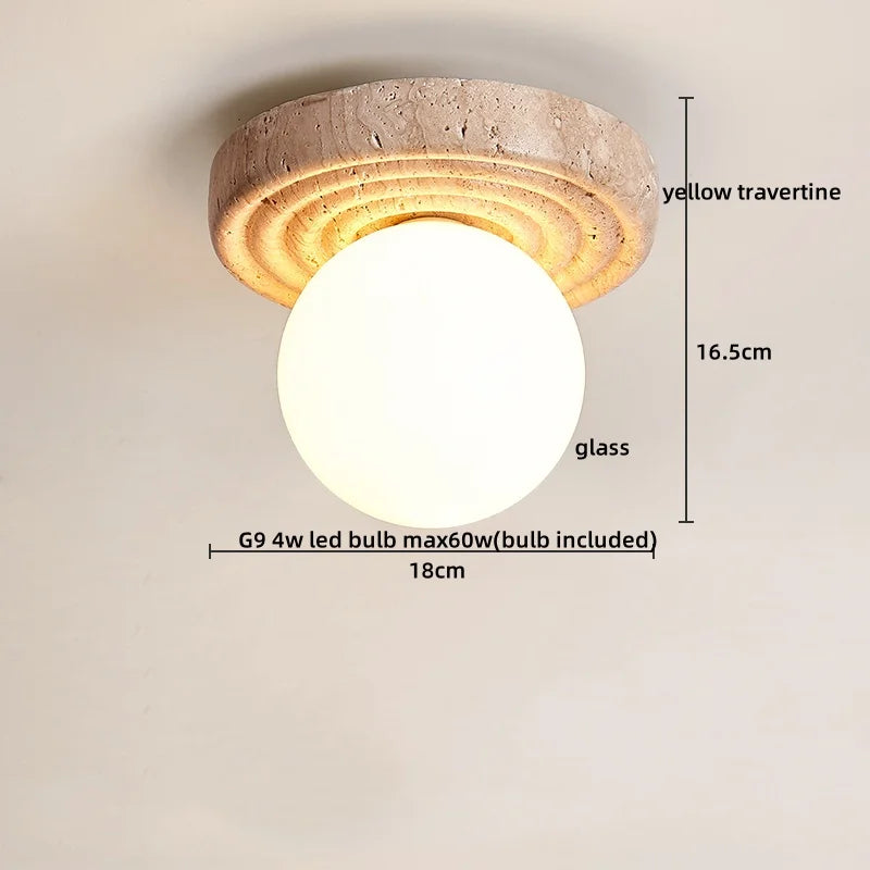 Afralia™ Japan Style LED Ceiling Light Yellow Travertine Stone Wood Base Bedroom Luminaire
