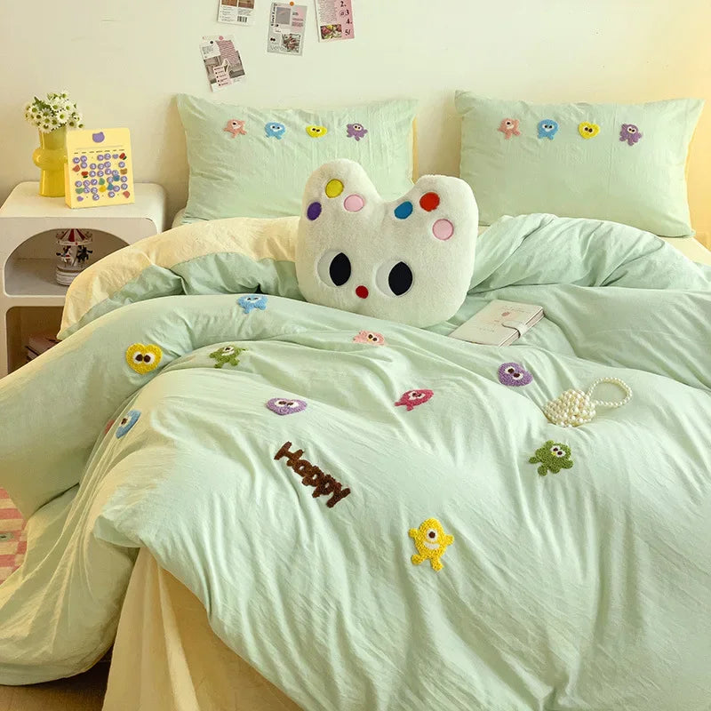 Afralia™ Cartoon Towel Embroidery Bedding Set in Soft Washed Cotton for Kids