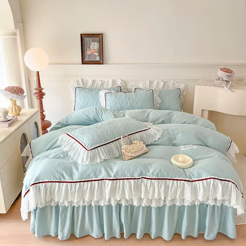 Afralia™ Lace Ruffles Bedding Set: 4pcs Solid Color Princess Quilt Cover, Bed Skirt, 100% Cotton Pillowcase