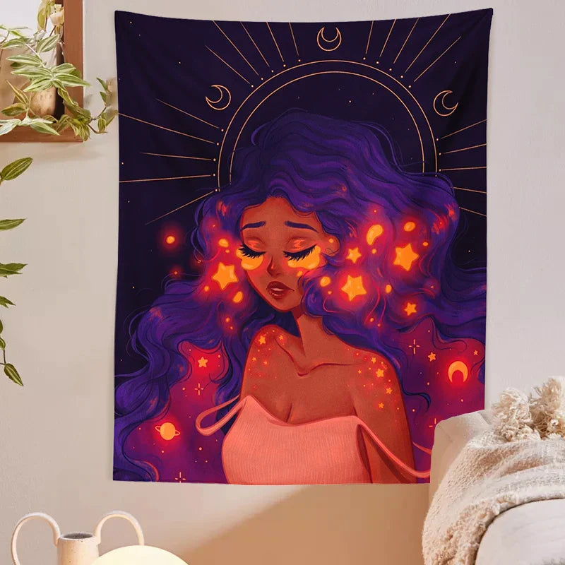 Afralia™ Moonlit Girl Tapestry: Luminous Sky Boho Wall Decor