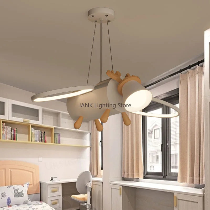 Afralia™ Little Deer LED Chandelier for Kids' Room - Modern Cartoon Wooden Pendant Light