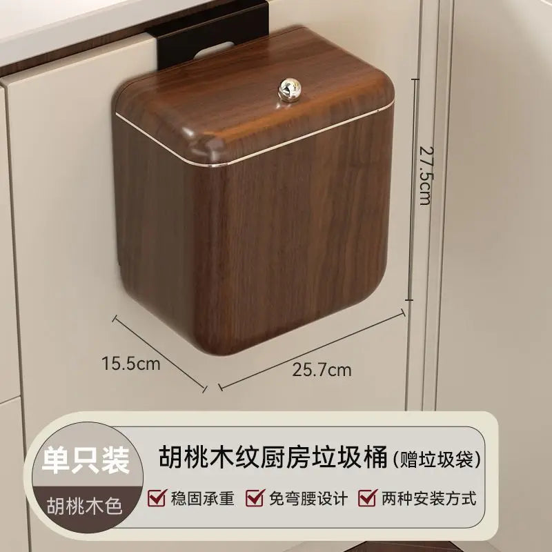 Afralia™ Antique Style Wood Grain Kitchen Trash Can with Lid, Hanging Type, Large Capacity