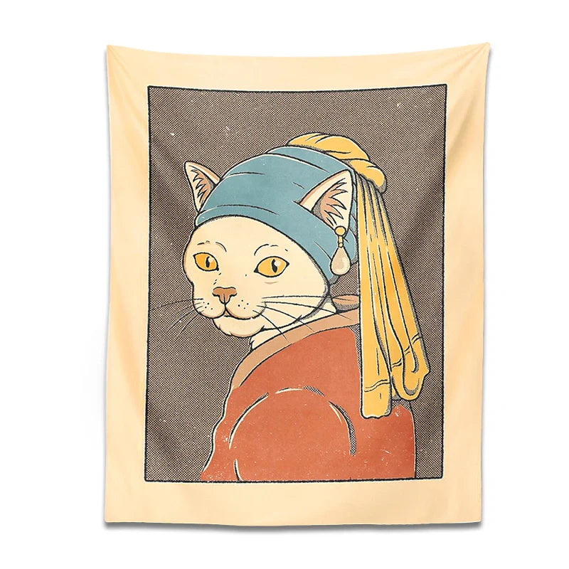 Afralia™ Cat With Pearl Earring Metal Wall Hanging Tapestry Art