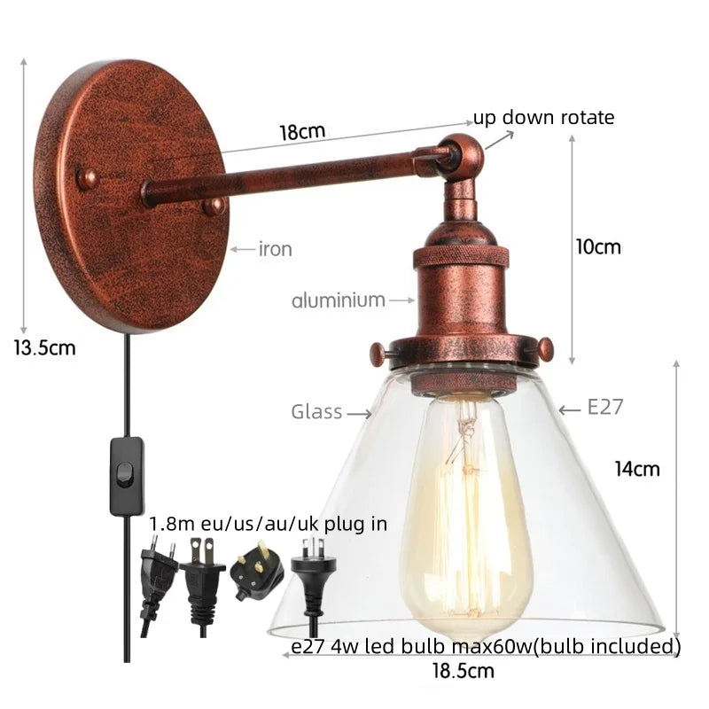 Afralia™ Clear Glass Iron LED Wall Sconce Rustic Industrial Vintage Plug In Light