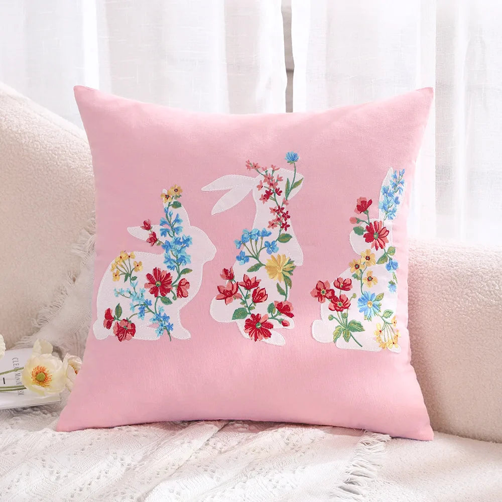 Afralia™ Bunny Cushion Cover Pink White Floral Embroidered Easter Home Sofa Decoration