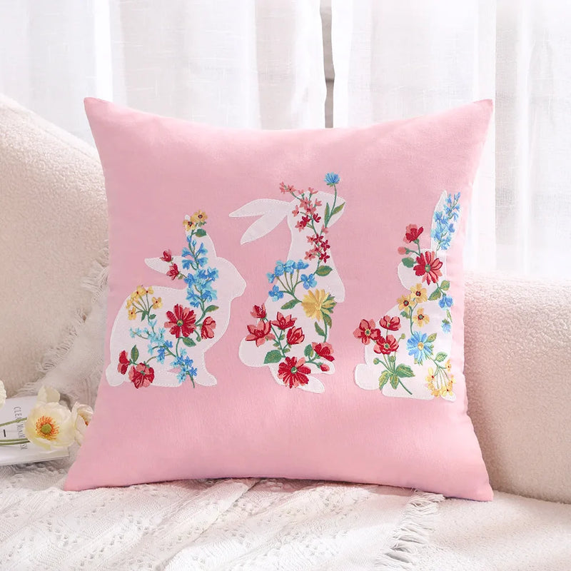 Afralia™ Bunny Cushion Cover Pink White Floral Embroidered Easter Home Sofa Decoration