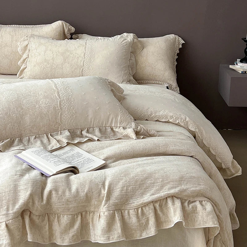 Afralia™ Linen Vintage Jacquard Lace Ruffles Bedding Set: Duvet Cover, Sheet, Pillowcases