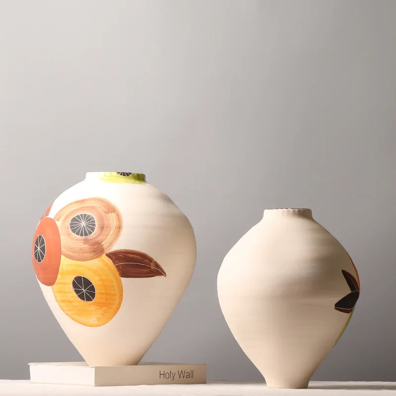 Afralia™ Hand-painted Coffee Beans Ceramic Vase - Colorful Flower Arrangement Bottle