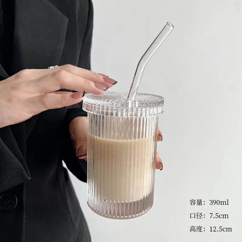 Afralia™ Glass Straw Cup Set | Japanese Style Coffee Tea Milk Cup with Lid