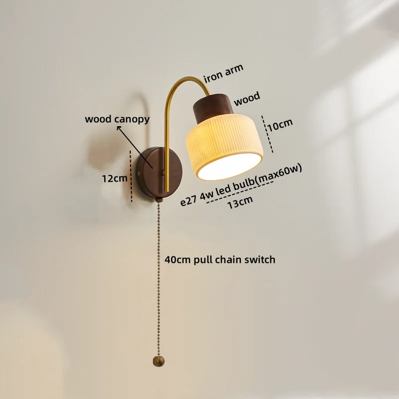 Afralia™ Ceramic Wood LED Wall Sconce Pull Chain Switch for Living Room Bedroom Hallway