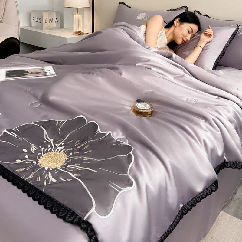 Afralia™ Luxe Flower Embroidered Cool Quilt Set - Lightweight, Silky, High-End Comfort
