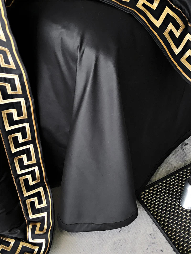 Afralia™ Gold Embroidery Duvet Set, Black Egyptian Cotton Bedding, 1000TC, Double King Queen