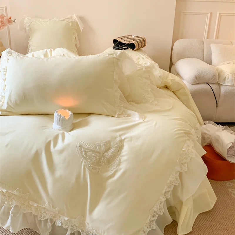 Afralia™ Pink Lace Butterfly Embroidery Bedding Set 4Pcs, Princess Wedding Theme