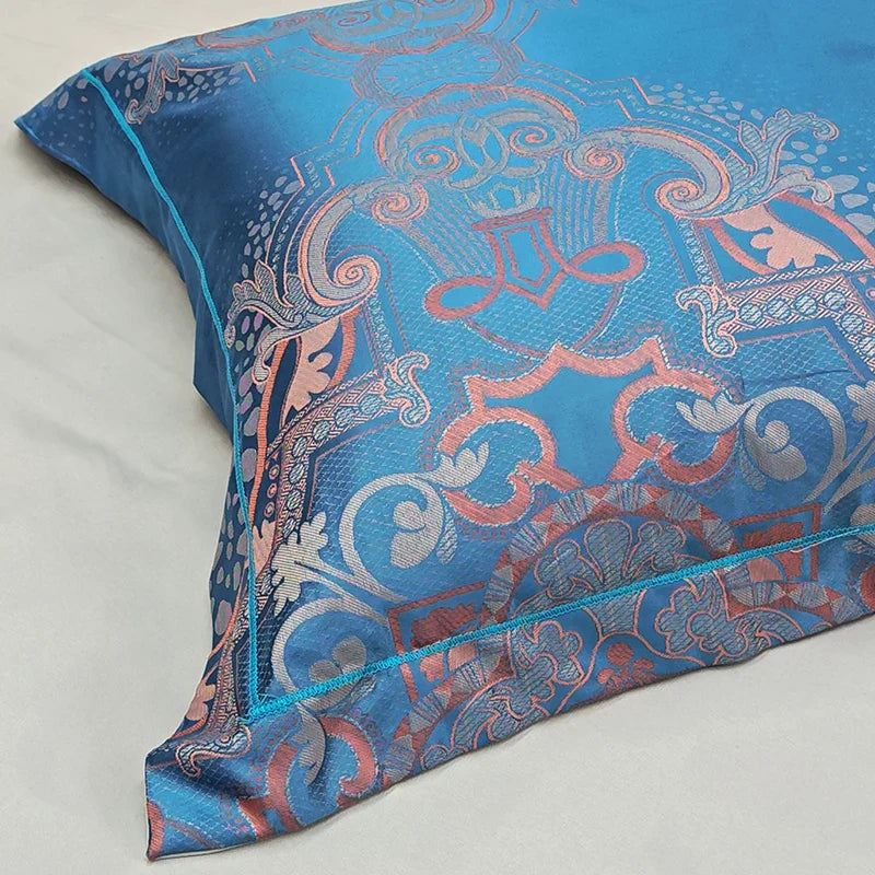 Afralia™ Blue Satin Jacquard Queen Duvet Cover Set with Sheet & Pillowcases