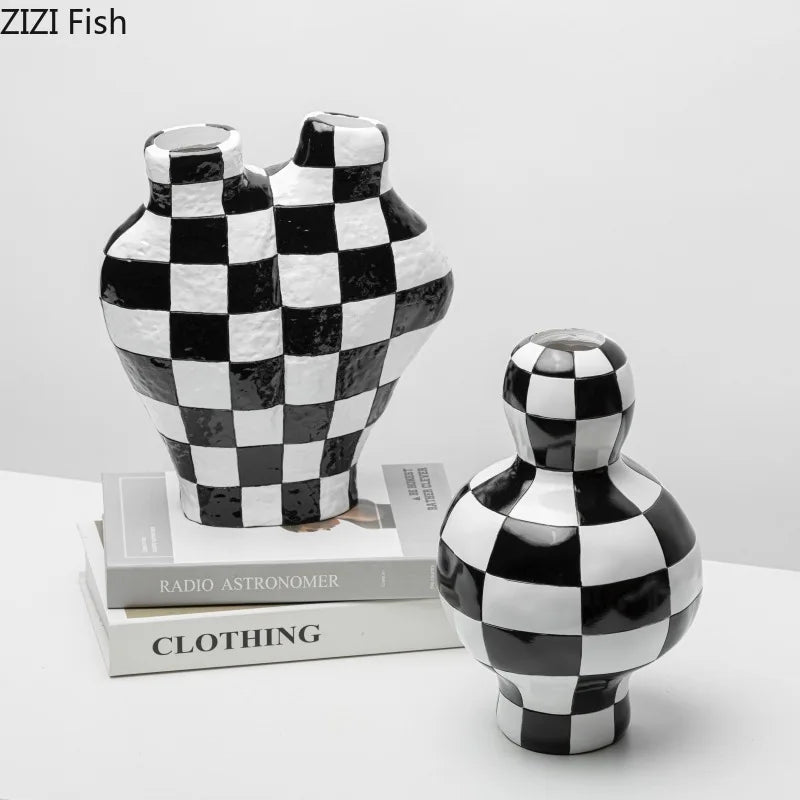 Afralia™ Black White Check Vase Modern Crafts Room Decor Irregular Shaped Desk Decoration