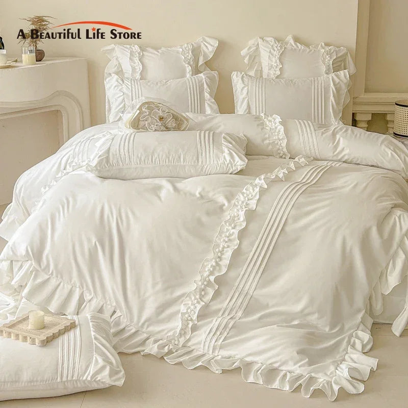 Afralia™ Princess Ruffles Bedding Set: Duvet Cover, Bed Sheet, Pillowcases - Cream White Color